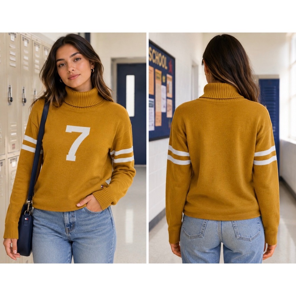 Vintage Tommy Hilfiger Mustard Yellow Turtleneck Sweater Varsity Stripe Number 7
